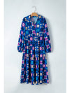 Blue Floral Peasant Sleeve Tiered Ruffle Midi Dress