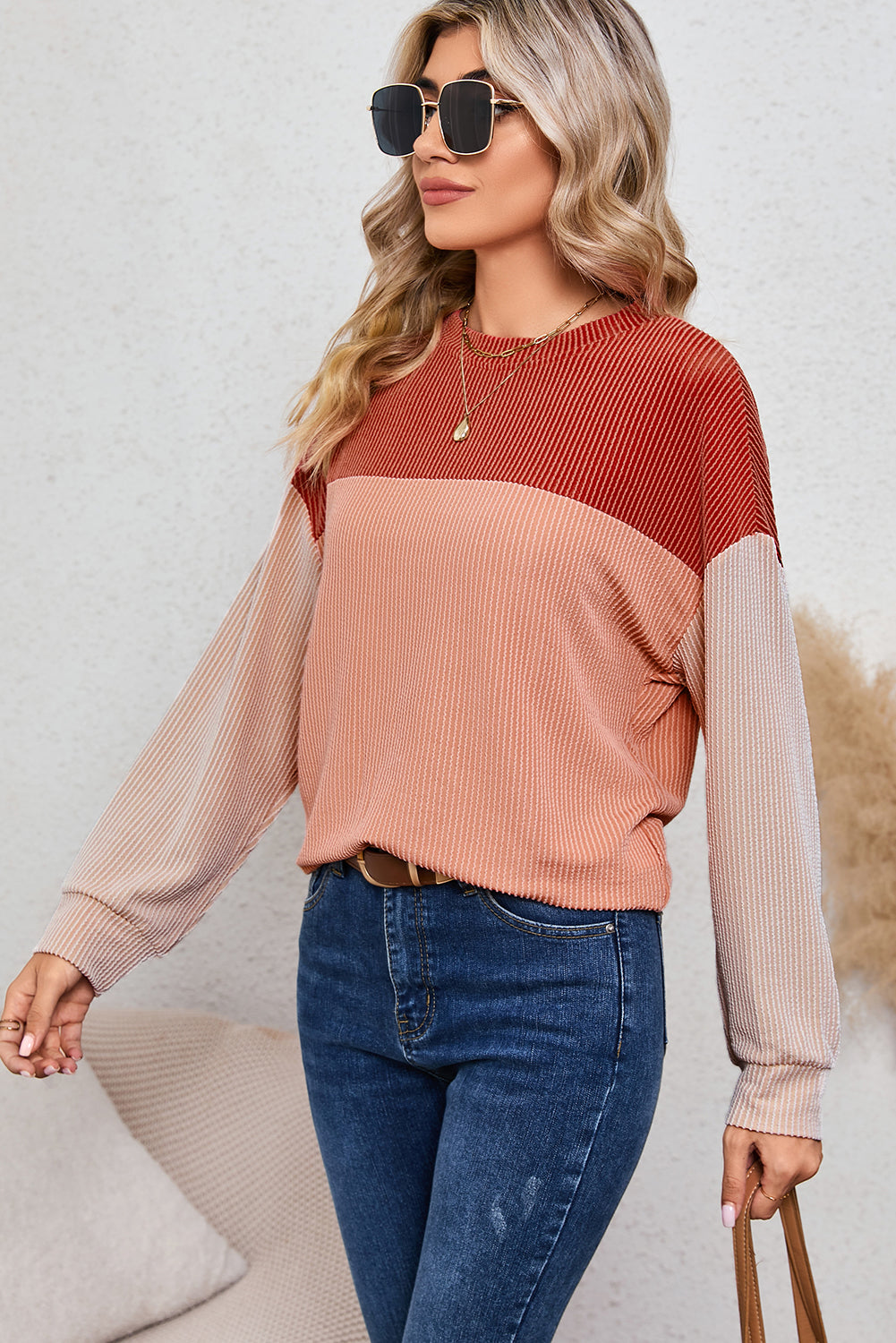 Red Color Block Ribbed Loose Long Sleeve Top