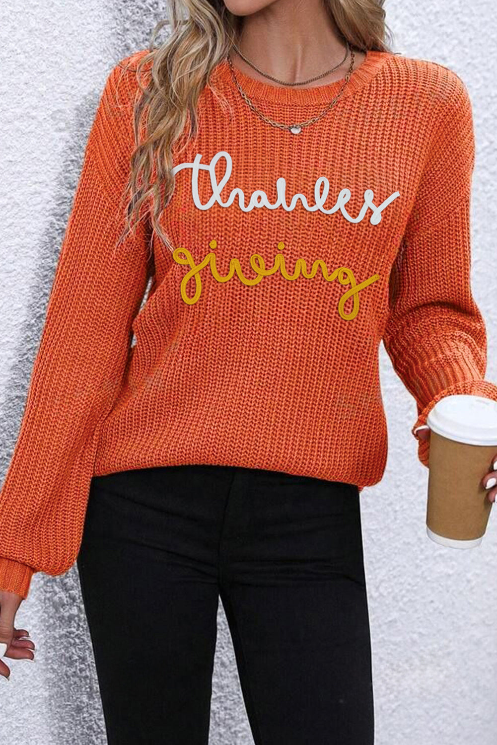 Red Sandalwood Thanksgiving Letter Graphic Crew Neck Sweater