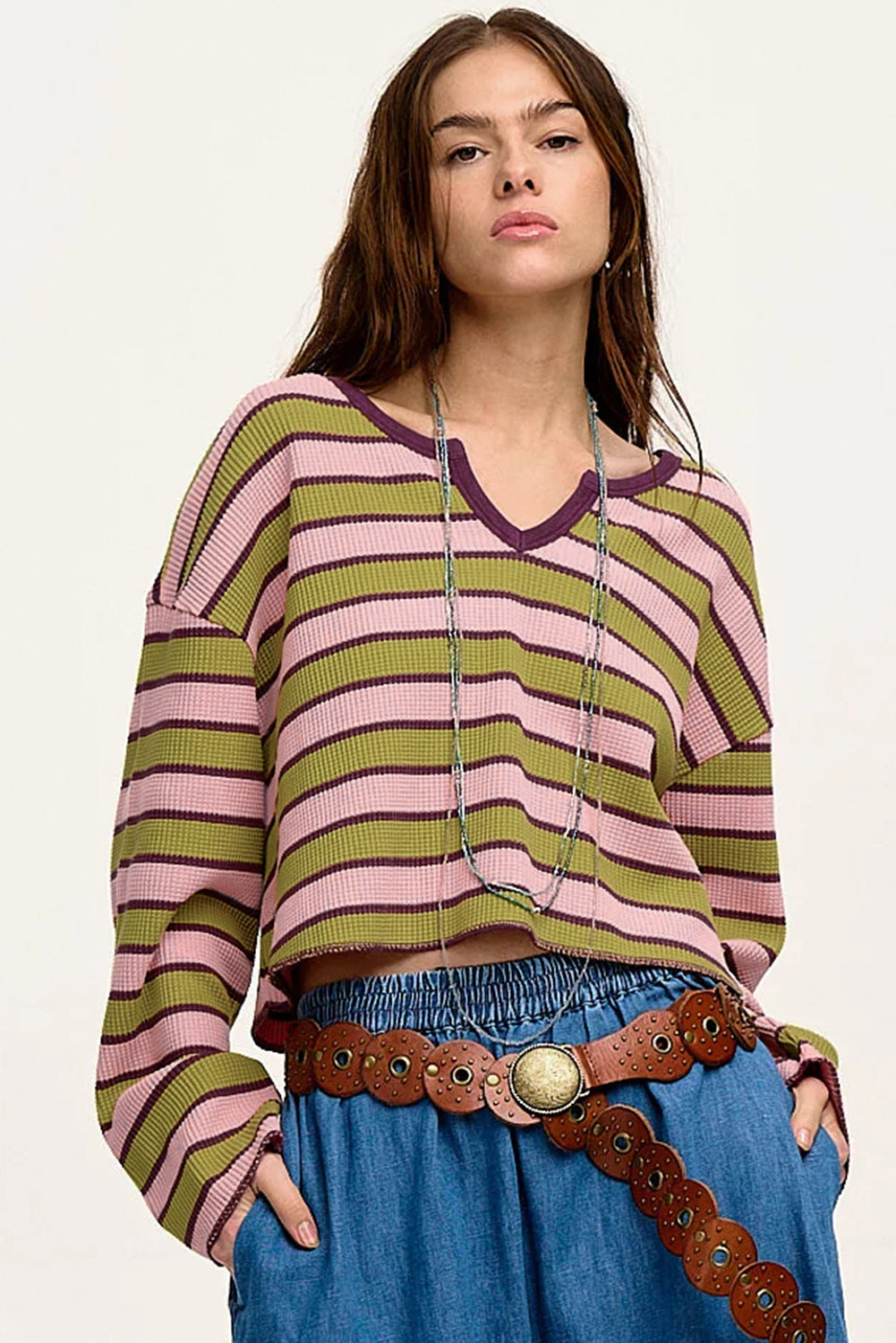 Spinach Green Striped V-Neck Rib-knit Pullover Top