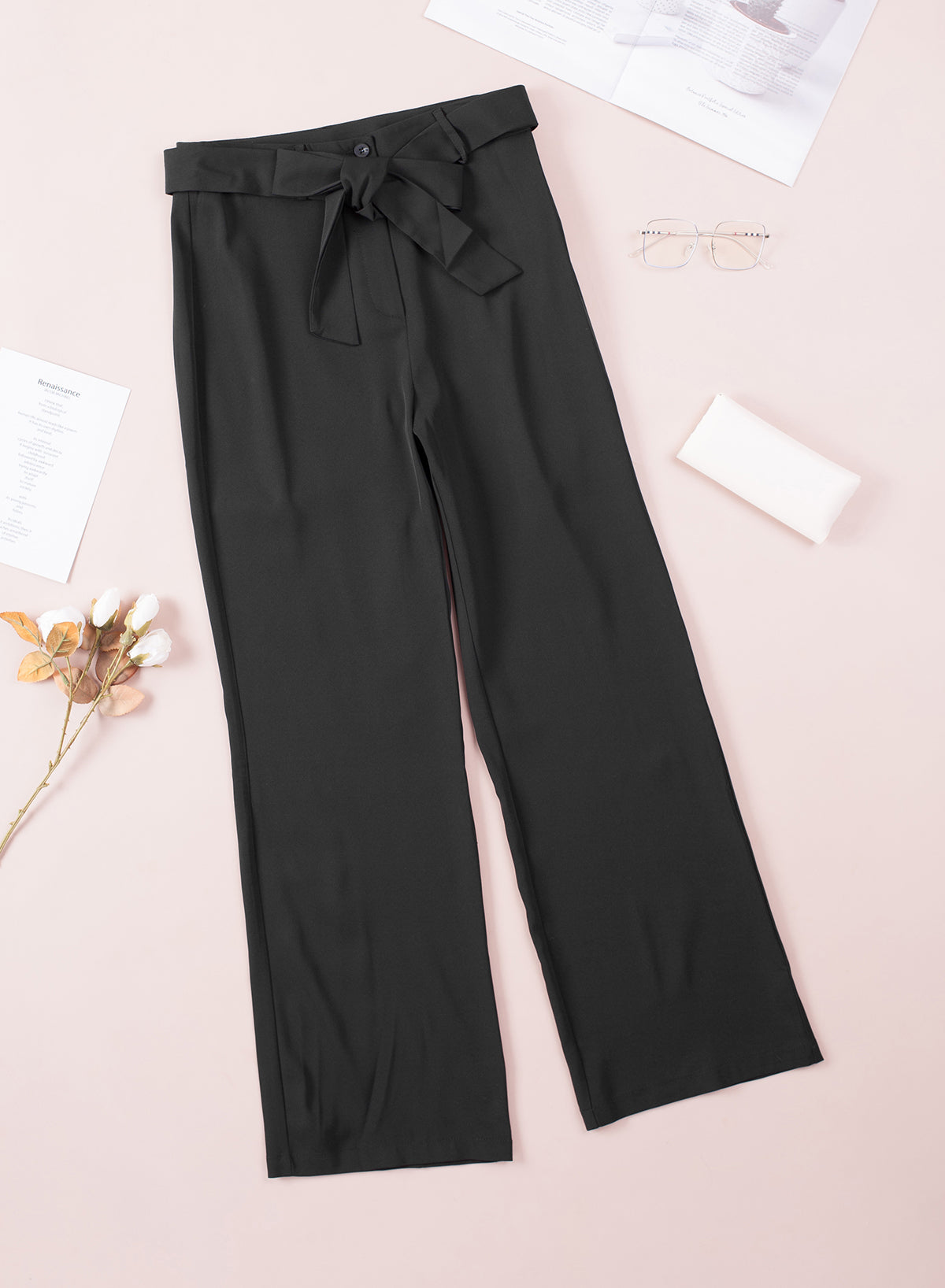 Black Casual Belted Wide Leg High Waisted Pants