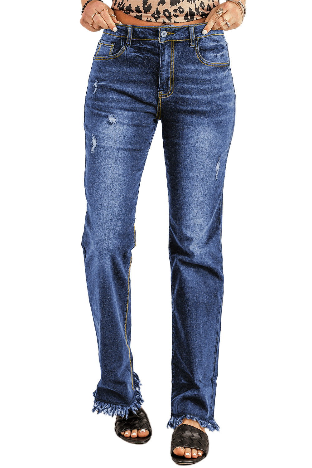 Sky Blue Raw Hem High Waist Straight Leg Jeans