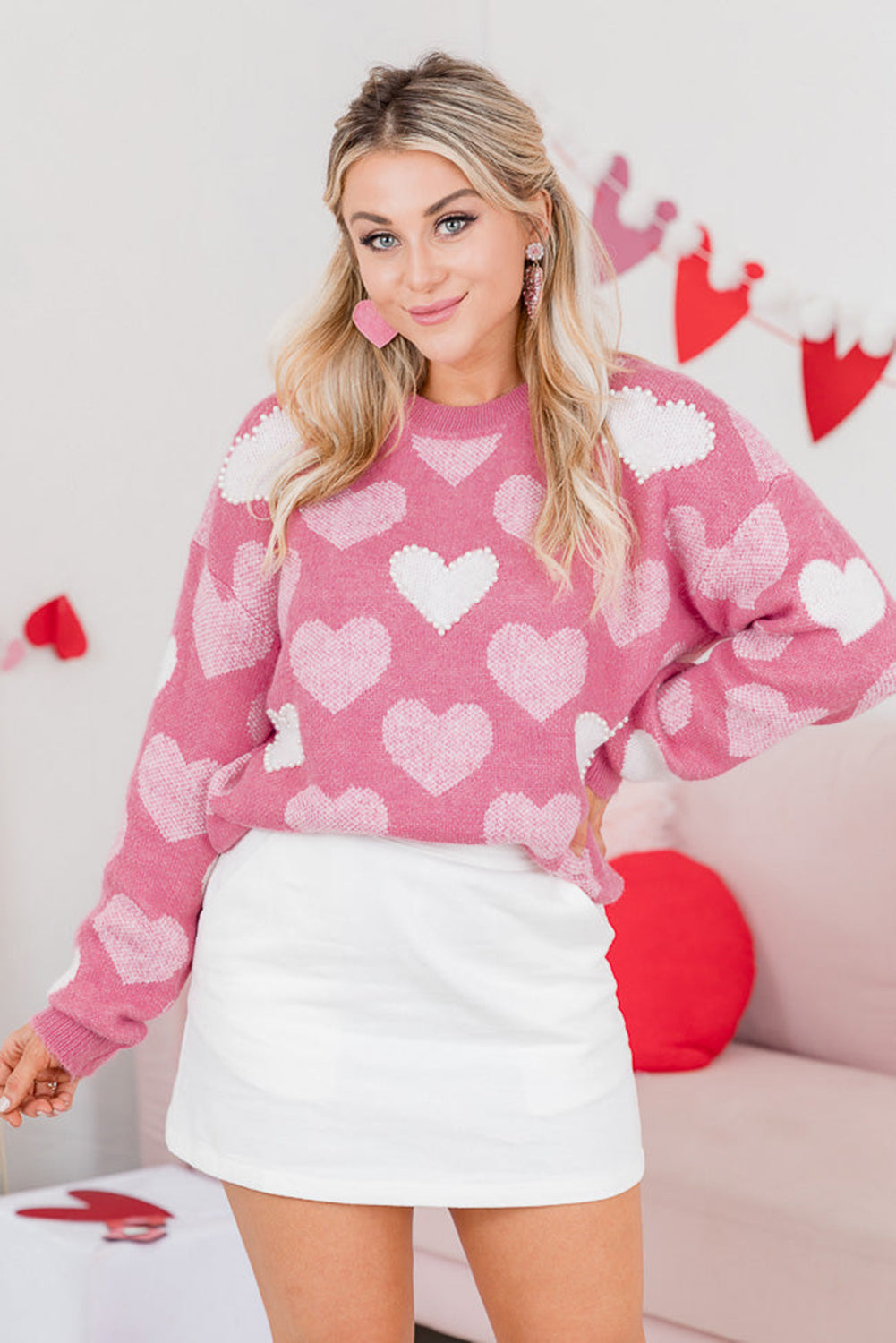 Pink Pearl Heart Print Valentines Crew Neck Sweater