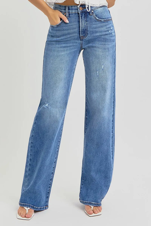 RISEN Full Size Tummy Control Elastic Band High Rise Wide Jeans Plus Size