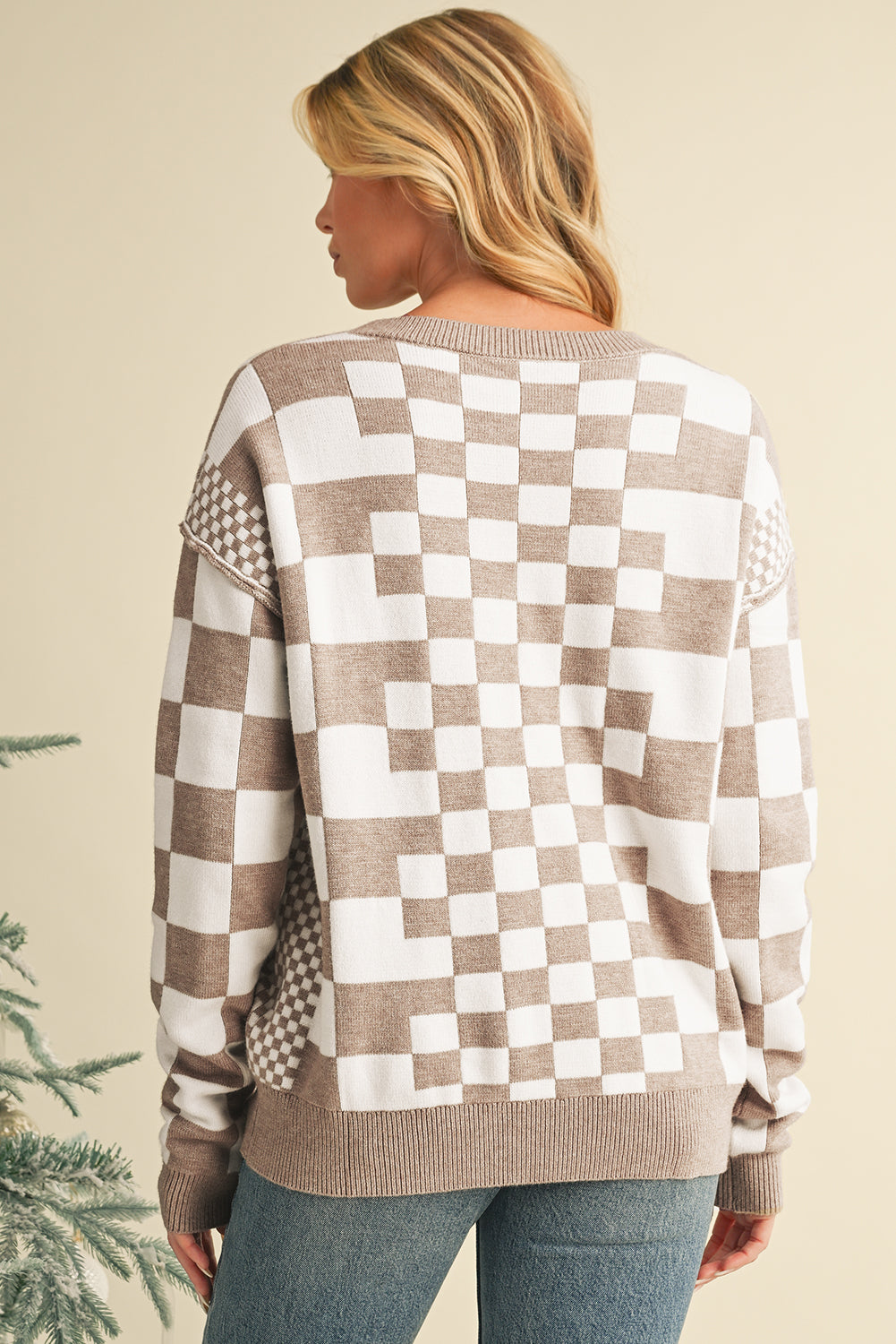 Carrot Checkered Drop Shoulder Round Neck Sweater