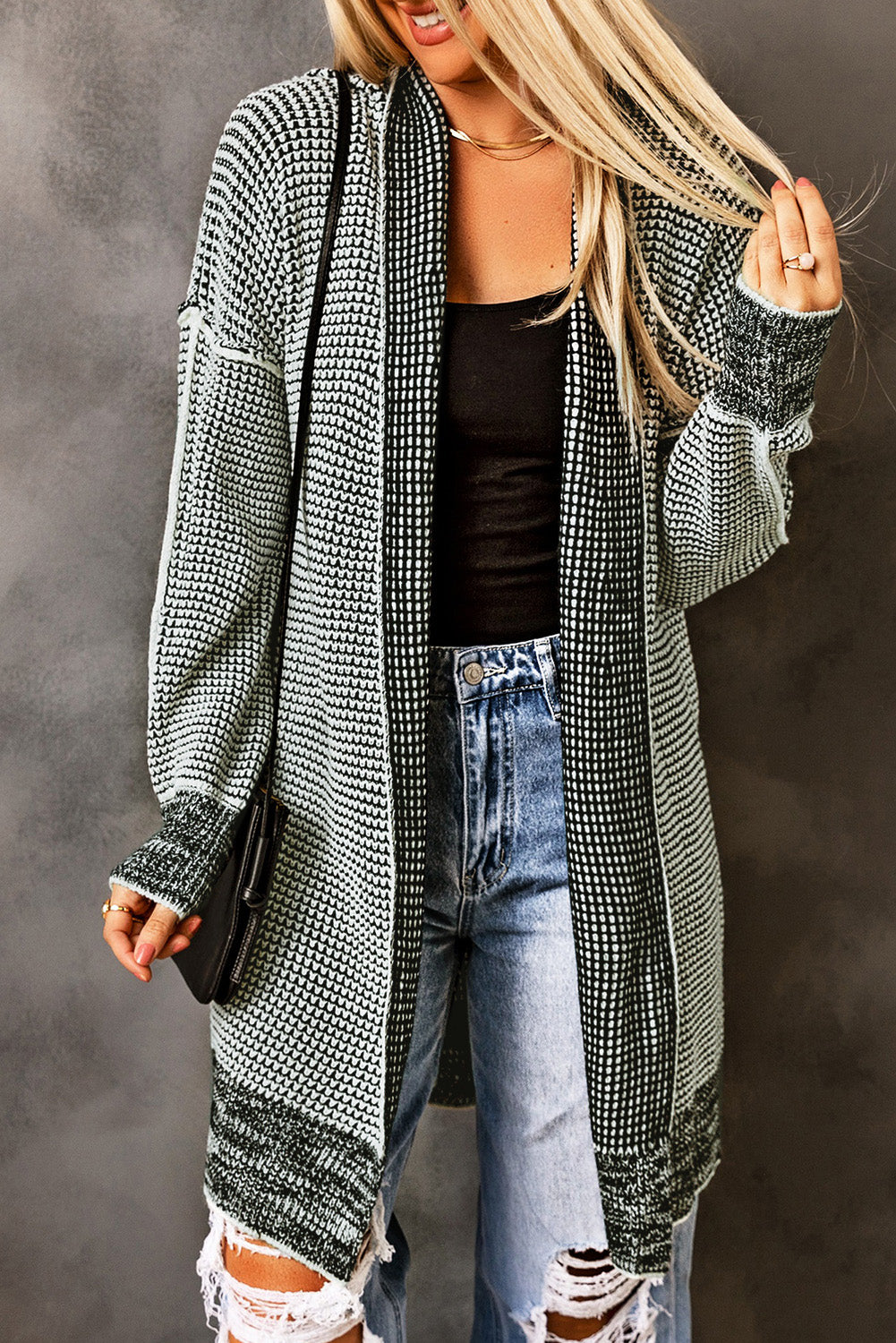 Black Plaid Casual Contrast Trim Knit Cardigan