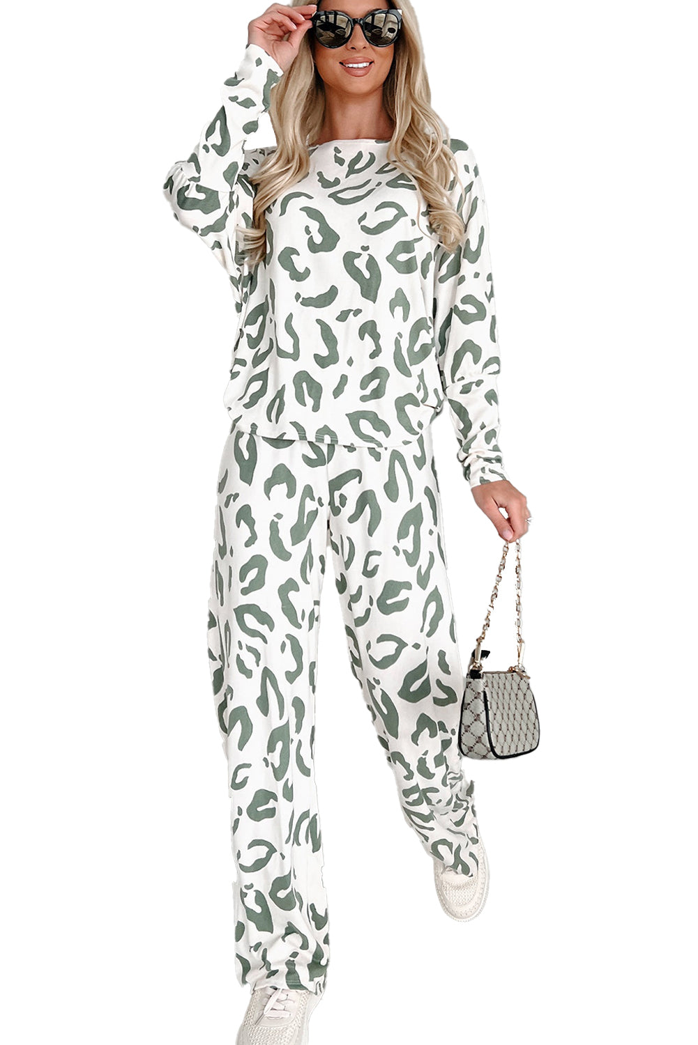 Beige Leopard Print Long Sleeve and Pants Loungewear Set