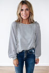 Long Sleeve Tops Light Grey Waffle Patchwork Long Sleeve Pullover Top.