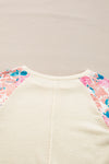 Apricot Crinkle Rib Floral Patchwork Balloon Sleeve Top