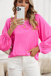 Pink Plain Satin Puff Long Sleeve Crewneck Blouse