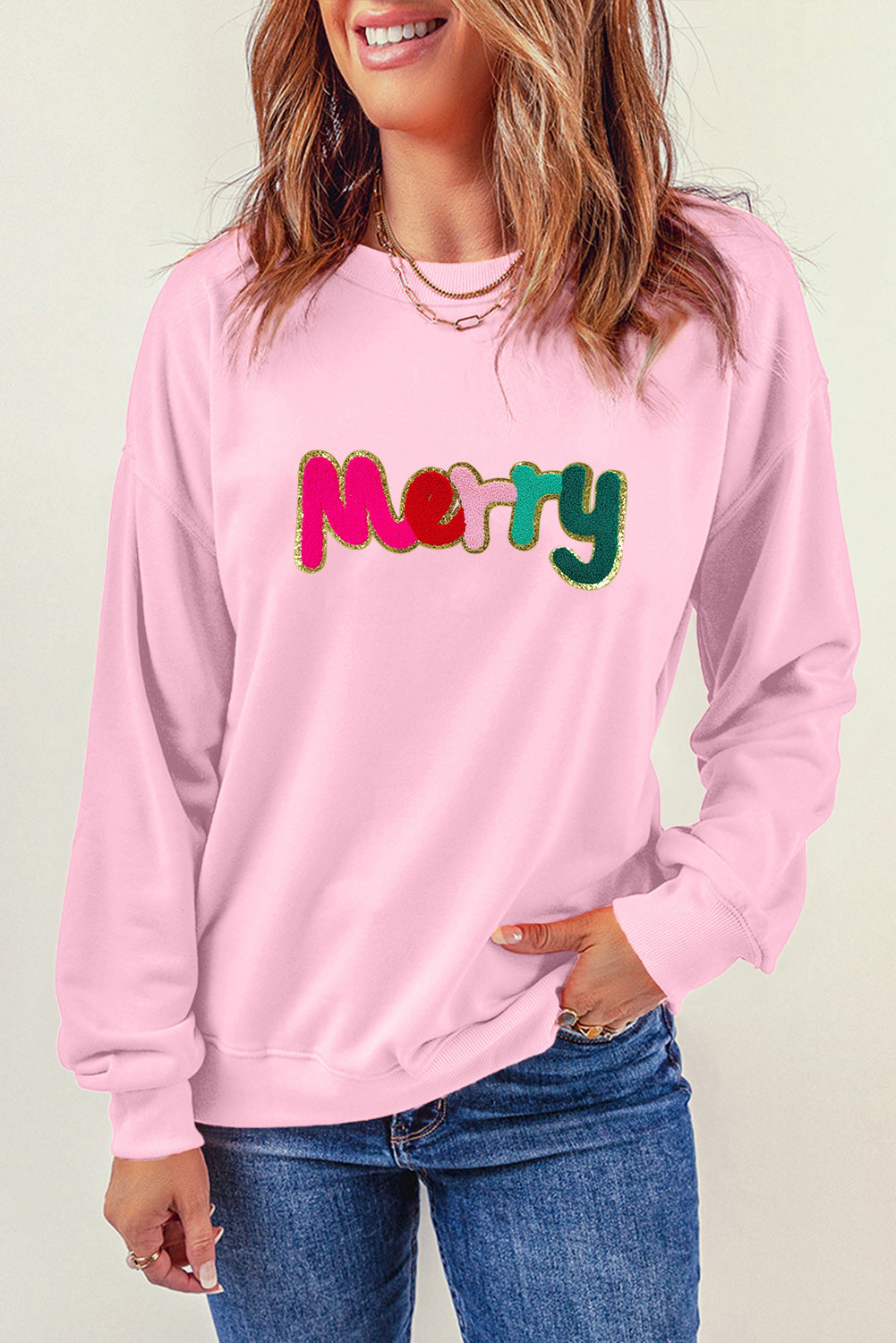 Pink Merry Christmas Round Neck Graphic Sweatshirt