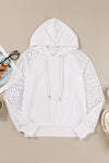 White Lace Patchwork Hollow Out Sleeve Drawstring Hoodie