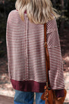 Red Stripe Ribbed Trim Drop Shoulder Long Sleeve Oversized Top