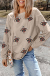 Smoke Gray Twisted Ribbed Turkey Graphic Sequins Patch Thanksgiving Baggy Sweatshirt