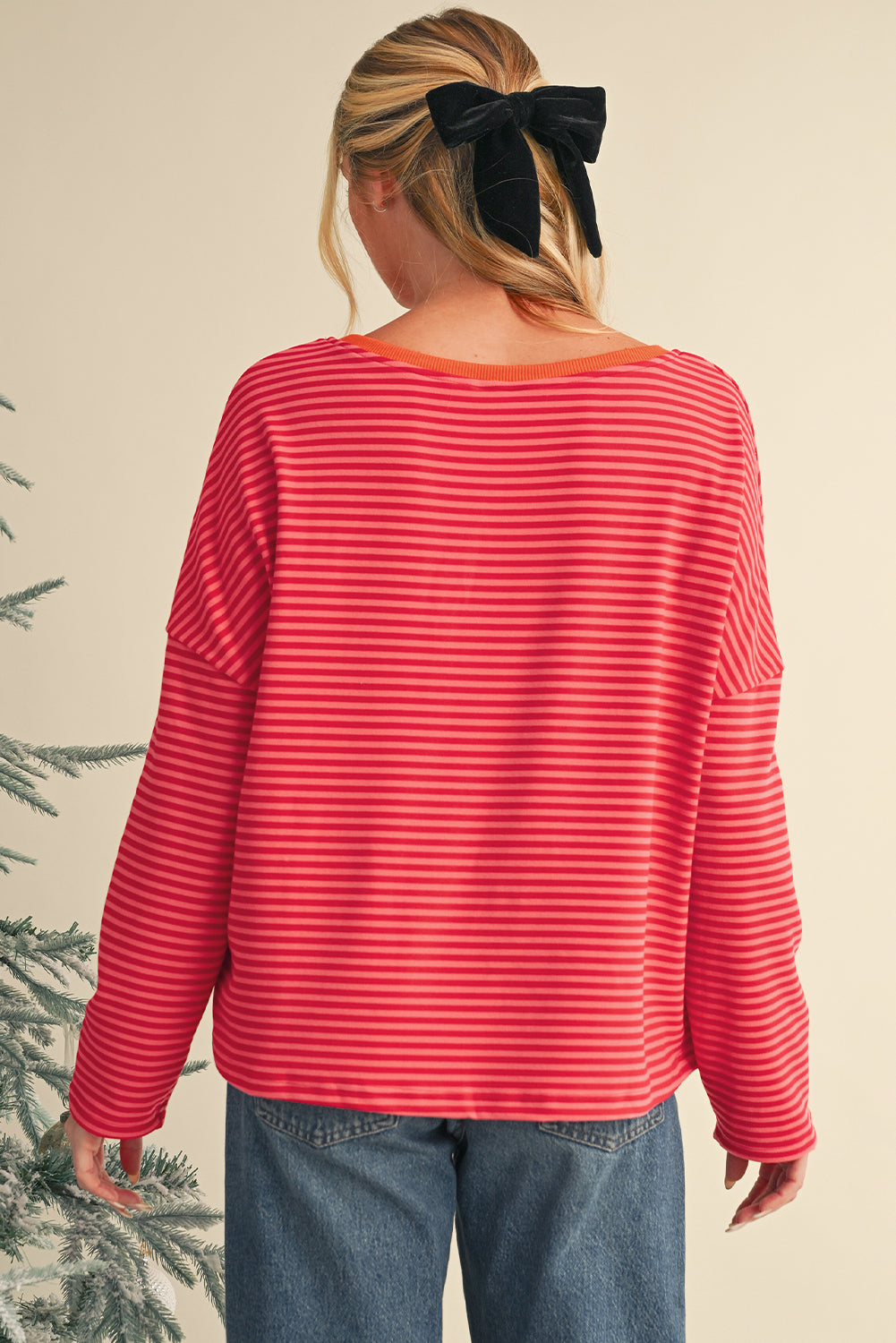 Tomato Red Two Tone Striped Side Buttons Drop Shoulder Top