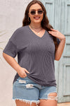 Black Twist Corded V-Neck Plain Plus T-Shirt