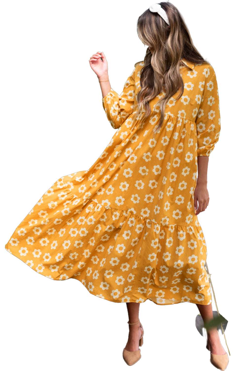 Yellow Flower Print Bracelet Sleeve Buttons Collared Maxi Dress