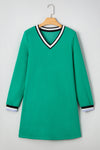 Mint Green Preppy Contrast Striped V Neck Long Sleeve T-shirt Dress