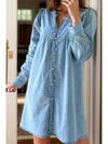 Button Up Notched Long Sleeve Denim Dress - Cocoa Yacht Club