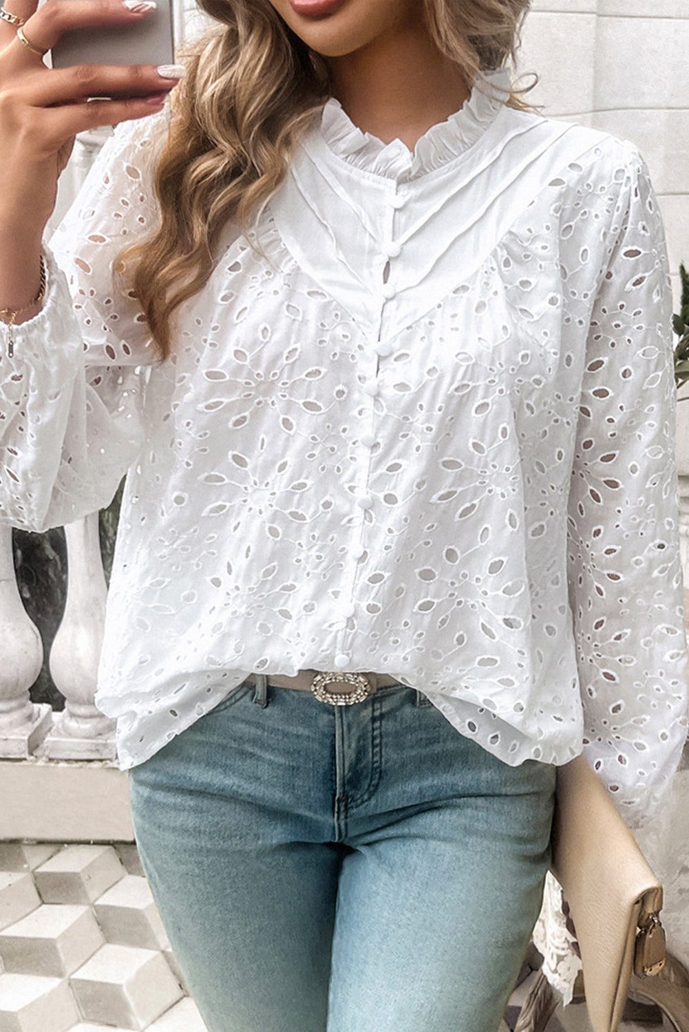 White Ruffle Stand Neck Eyelet Button Blouse