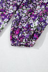 Purple Boho Ditsy Floral Split V Neck Bubble Sleeve Blouse