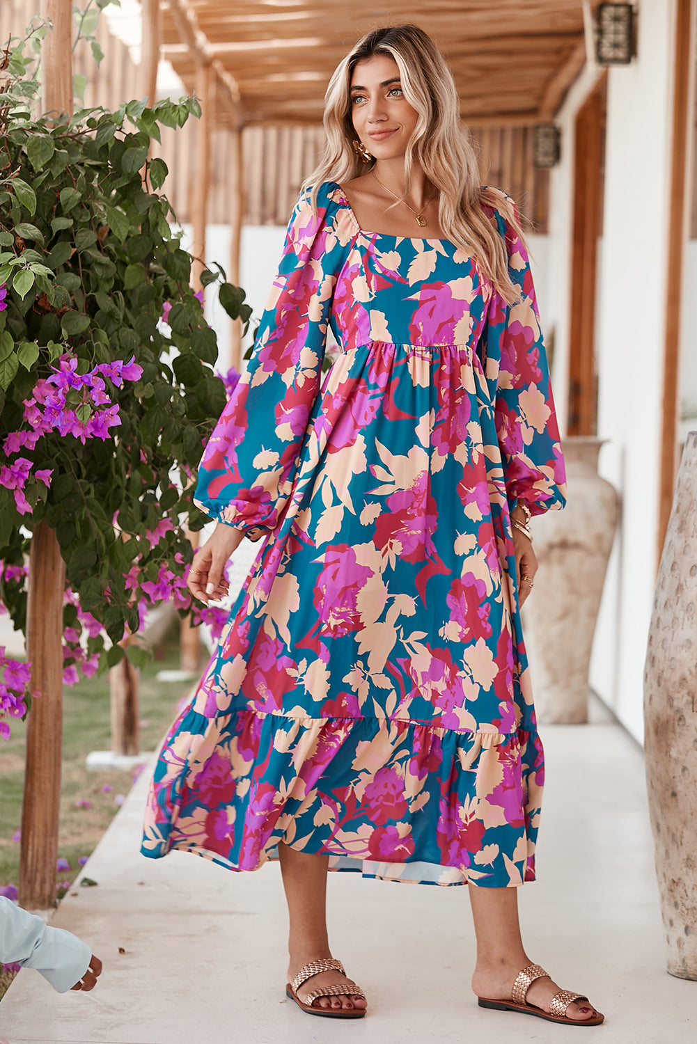 Multicolor Boho Floral Print Square Neck Ruffle Midi Dress