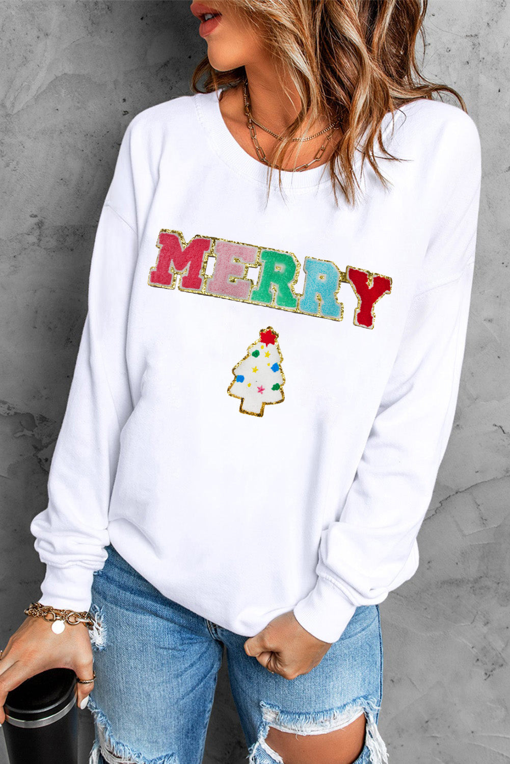 Beige MERRY Christmas Tree Chenille Patch Graphic Sweatshirt