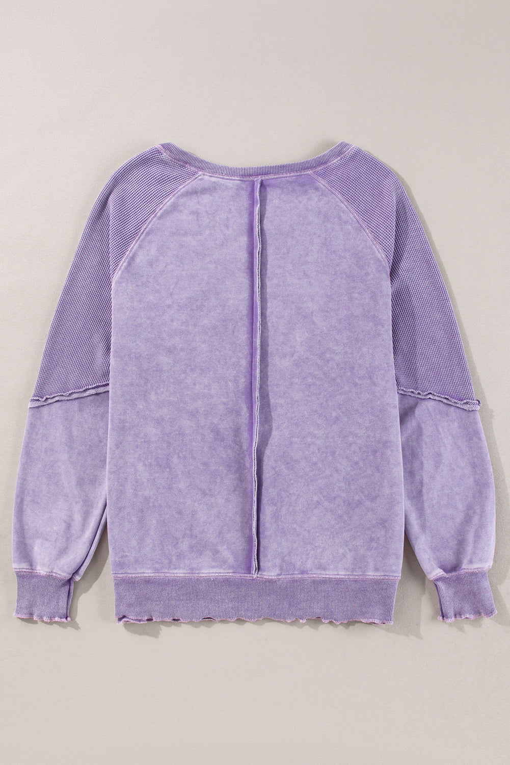 Orchid Petal Waffle Patchwork Raglan Sleeve Exposed Seam Sweatshirt