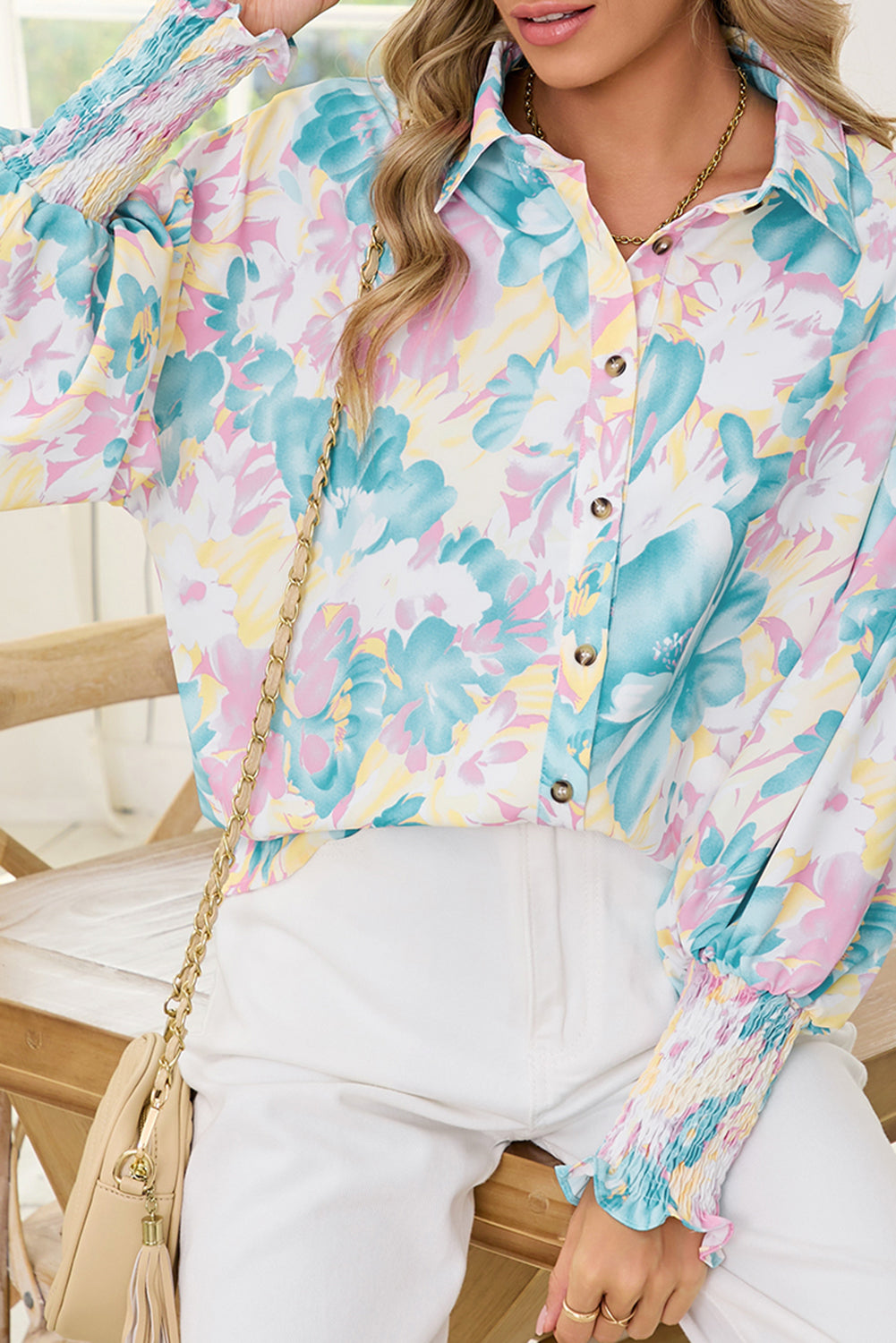 Yellow Floral Allover Print Shirred Cuff Oversized Shirt