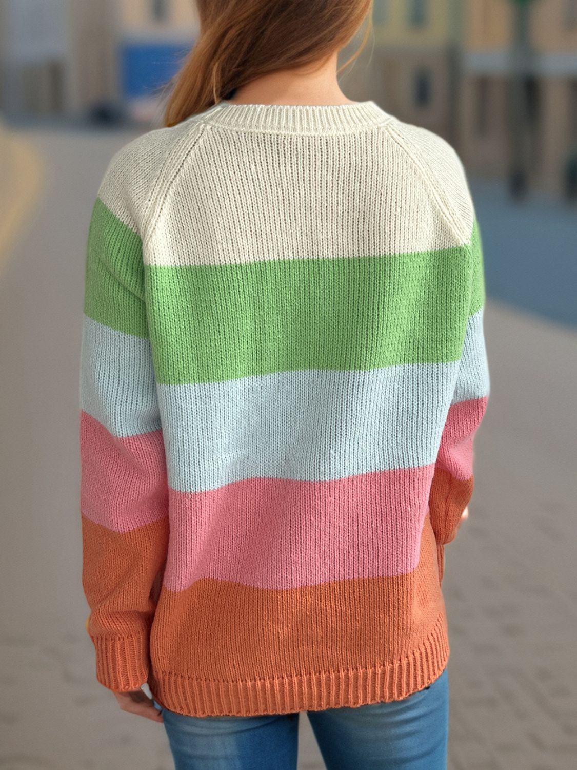 Color Block Round Neck Long Sleeve Sweater