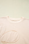 Beige Raw Edge Flower Patch Drop Shoulder Long Sleeve Top