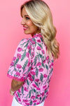 Pink Floral Print Lace Detail Frill V Neck Blouse