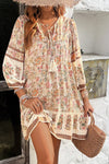 Apricot Floral Printed Loose Casual V-Neck Lace-Up Dress