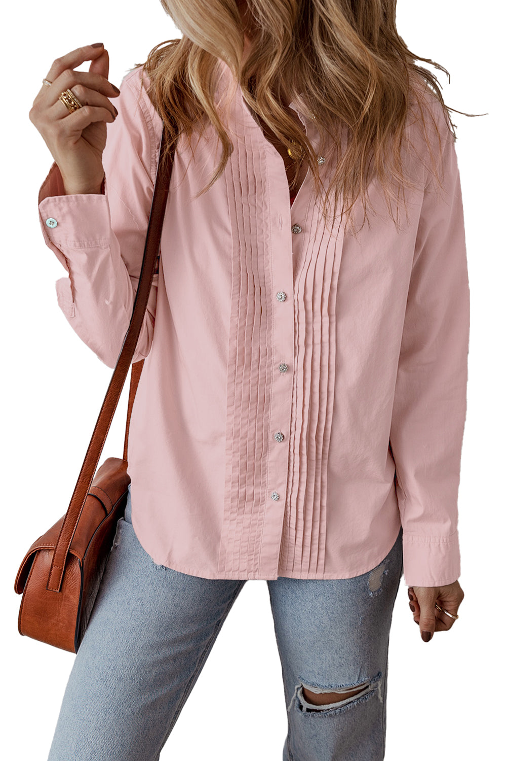 Light Pink Pleated Button-up Plain Shirt