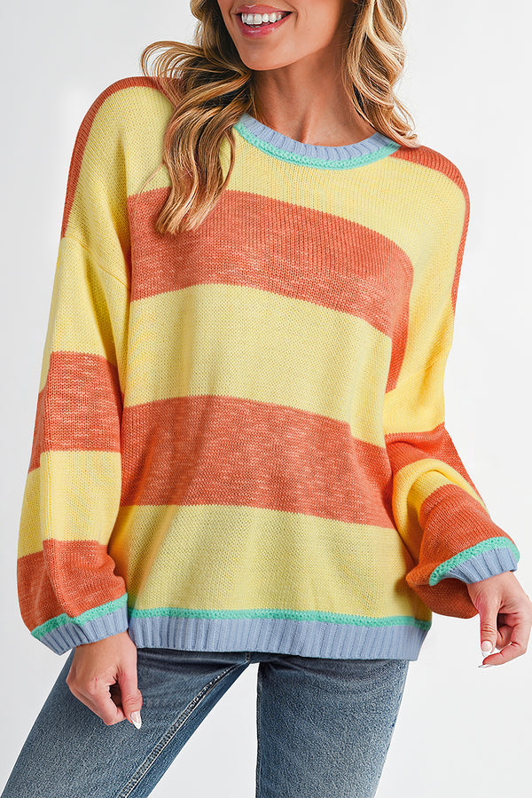 Yellow Stripe Contrasting Trim Round Neck Oversized Sweater