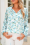 Sky Blue Boho Floral Print Long Sleeve V Neck Blouse