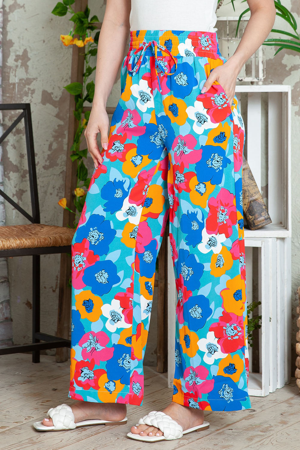 Multicolor Floral Abstract Print Drawstring Wide Waistband Pants