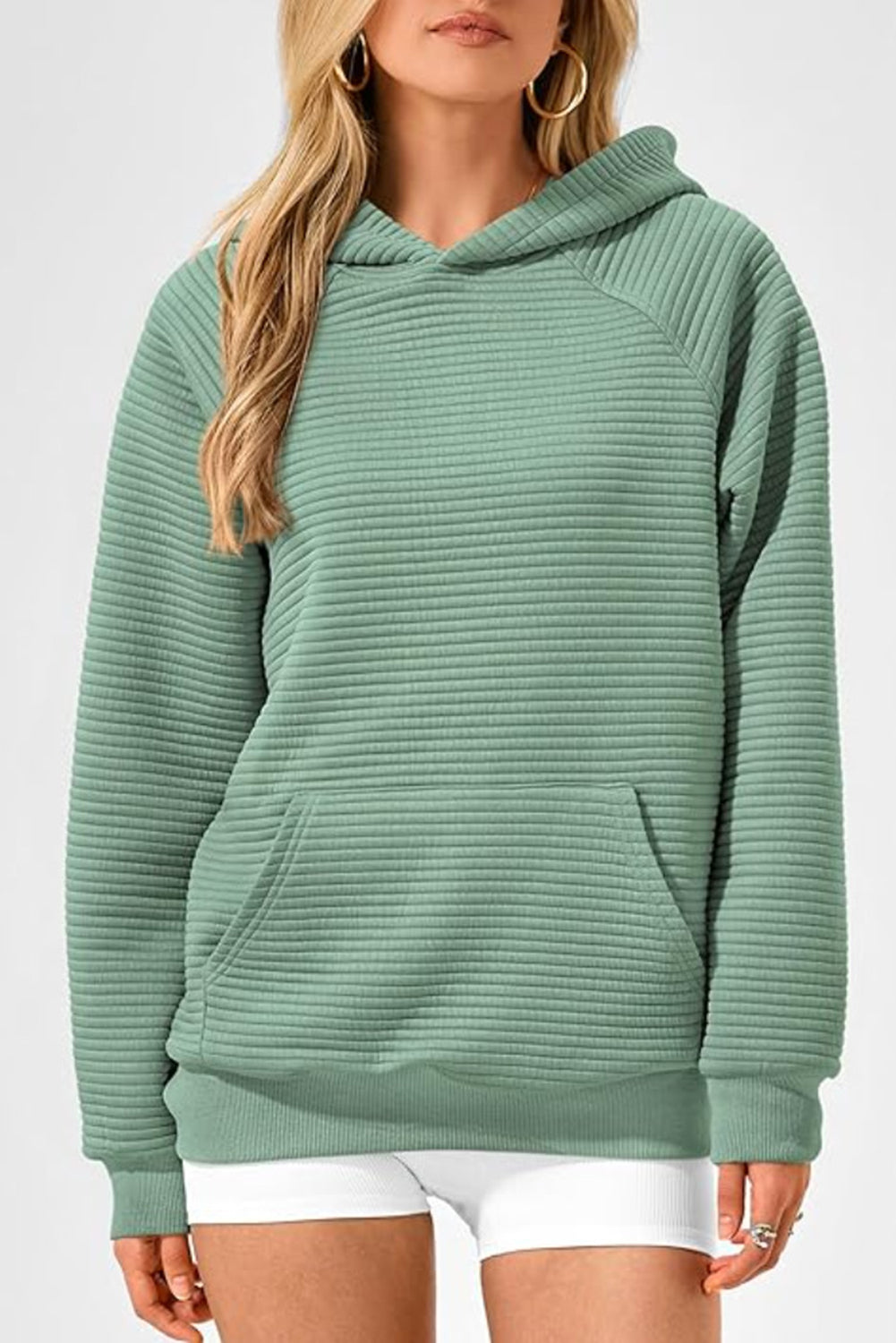 Grass Green Kangaroo Pocket Plain Textured Hoodie