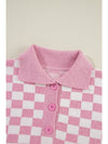 Apricot Checkered Buttons Collar V Neck Drop Shoulder Sweater