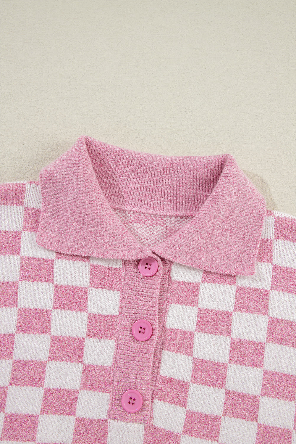 Apricot Checkered Buttons Collar V Neck Drop Shoulder Sweater