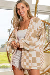 Smoke Gray Colorblock Checked Open Front Knitted Cardigan