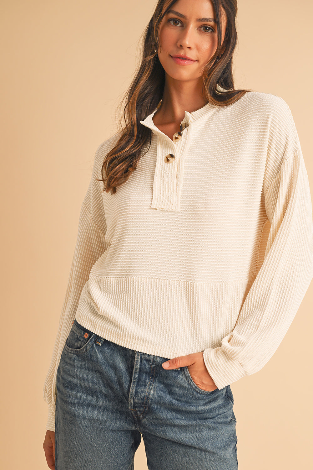 Apricot Textured Lantern Sleeve Henley Top