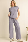 Blue Solid Corded Short Sleeve T Shirt and Wide Leg Pants Set