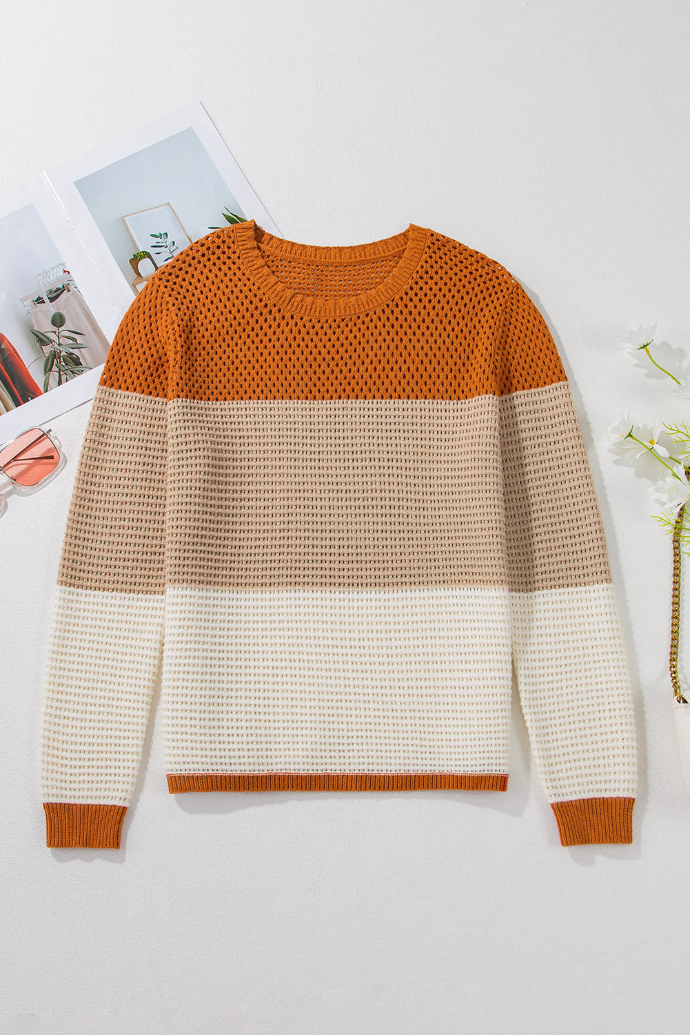 Orange Colorblock Round Neck Hollow Knit Sweater