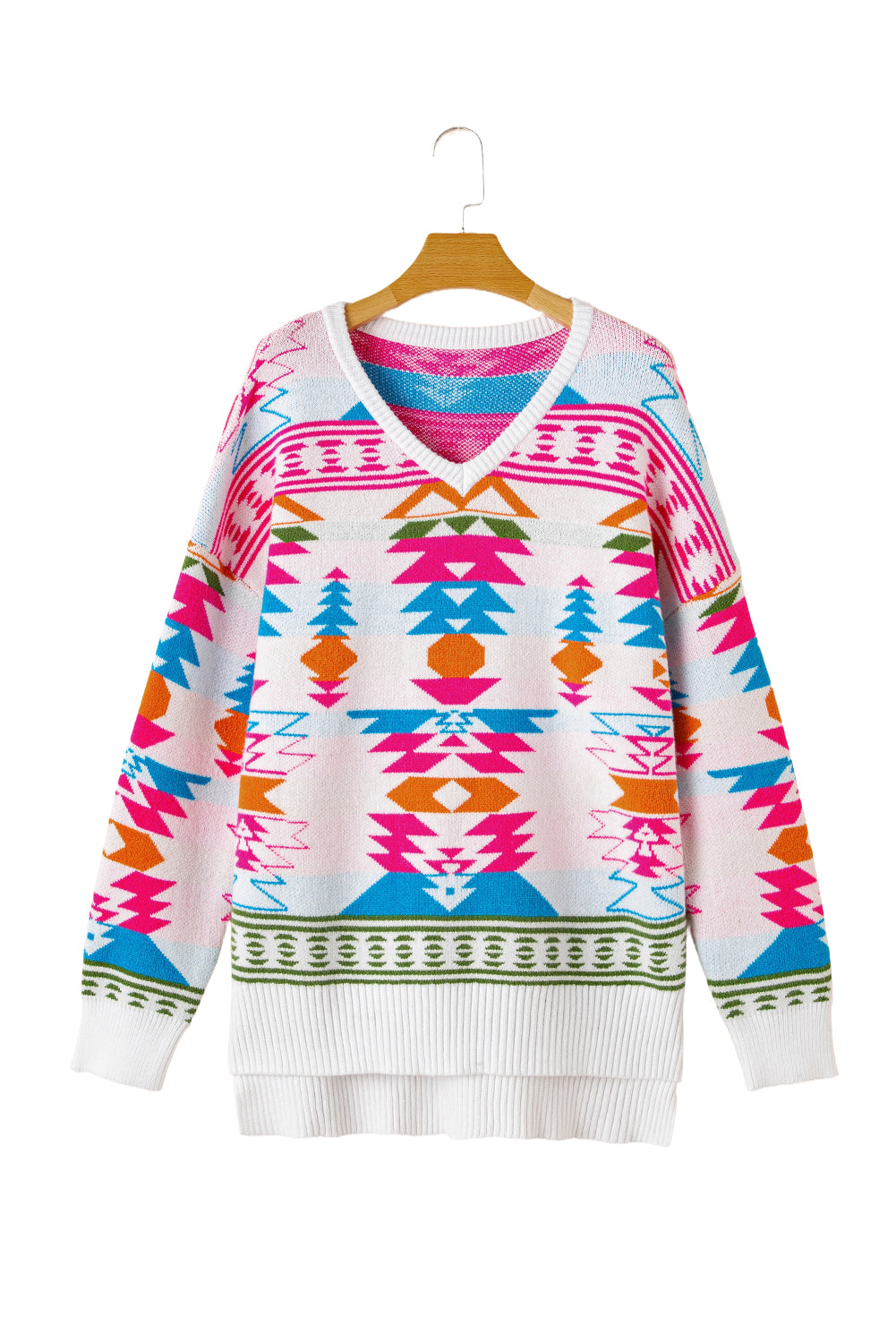 White Oversized Geometric Print High Low V Neck Sweater