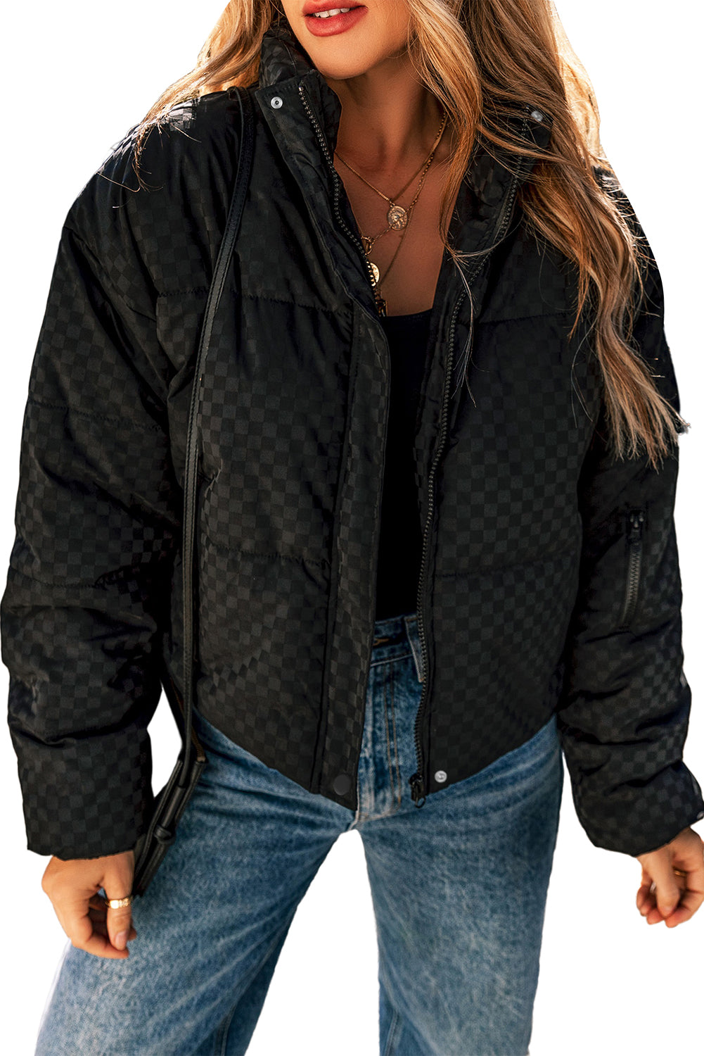 Jackets Black Checkerboard Full Zipper Puffer Jacket.