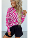 Khaki Checkered Pattern Mesh Long Sleeve Top