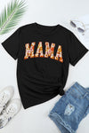 Black Flower Printed MAMA Letter Graphic T Shirt