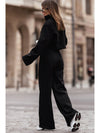 Black Zipped Collared Cropped Top and Wide Leg Pants Set