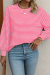 Rose Stripe Round Neck Drop Shoulder Long Sleeve Top